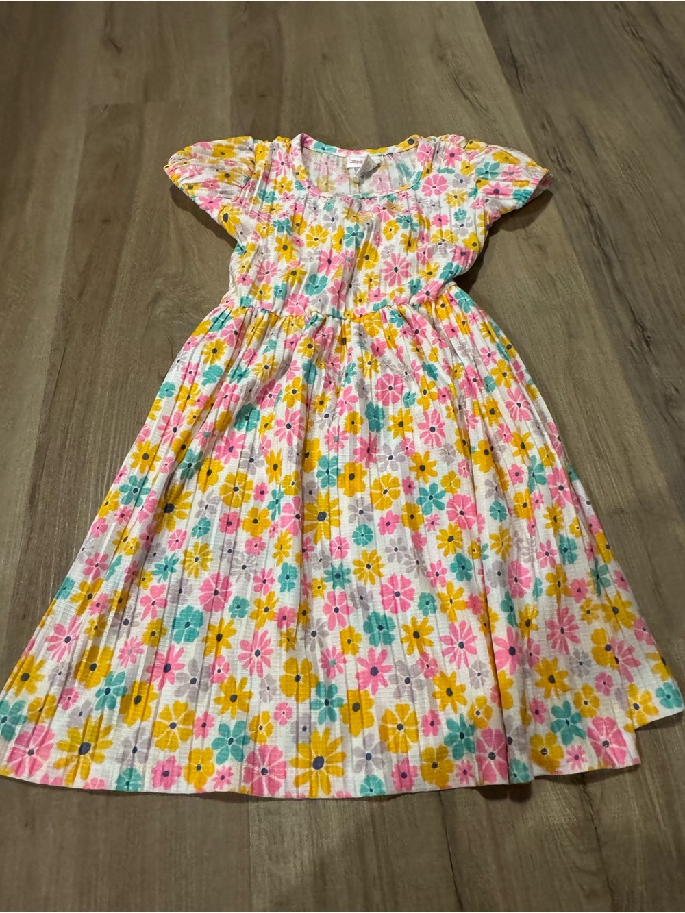 Little Lass White Floral Dress with Pink, Yellow & Teal Flowers